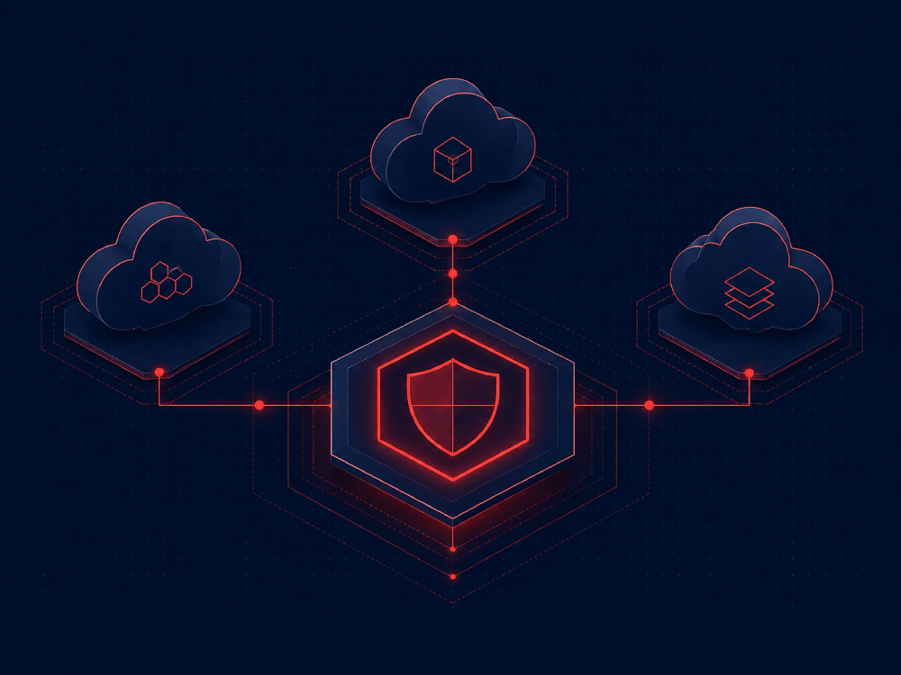 Arquitectura multicloud segura: cuatro proveedores cloud conectados a un hub central de seguridad y gobernanza