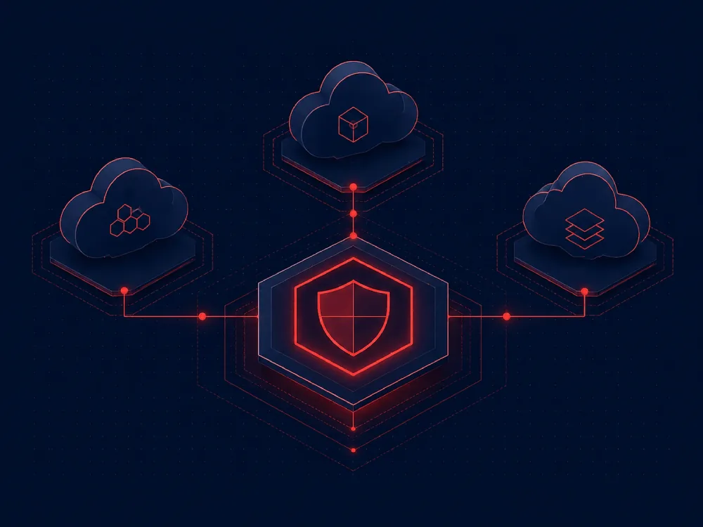 Arquitectura multinube segura: cuatro proveedores cloud conectados a un hub central de seguridad y gobernanza