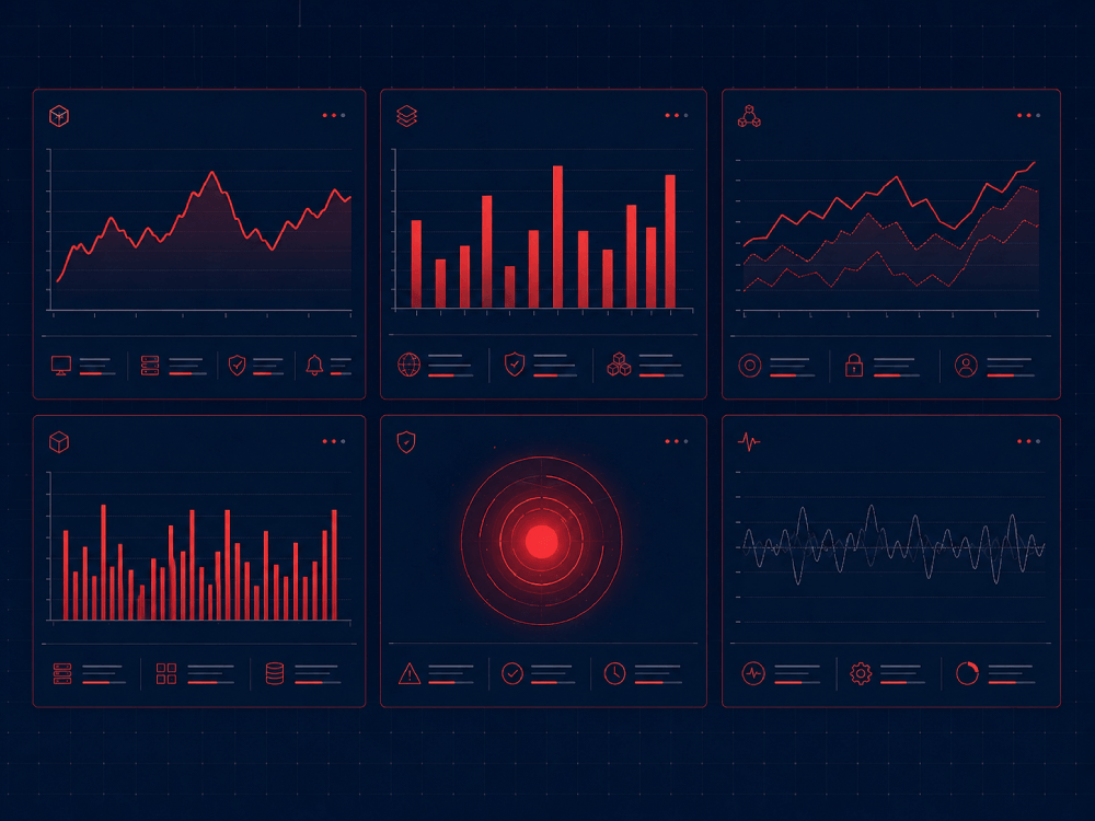 Dashboard de observabilidad: paneles de monitoreo con gráficas de métricas, series de tiempo y alertas activas para infraestructura crítica