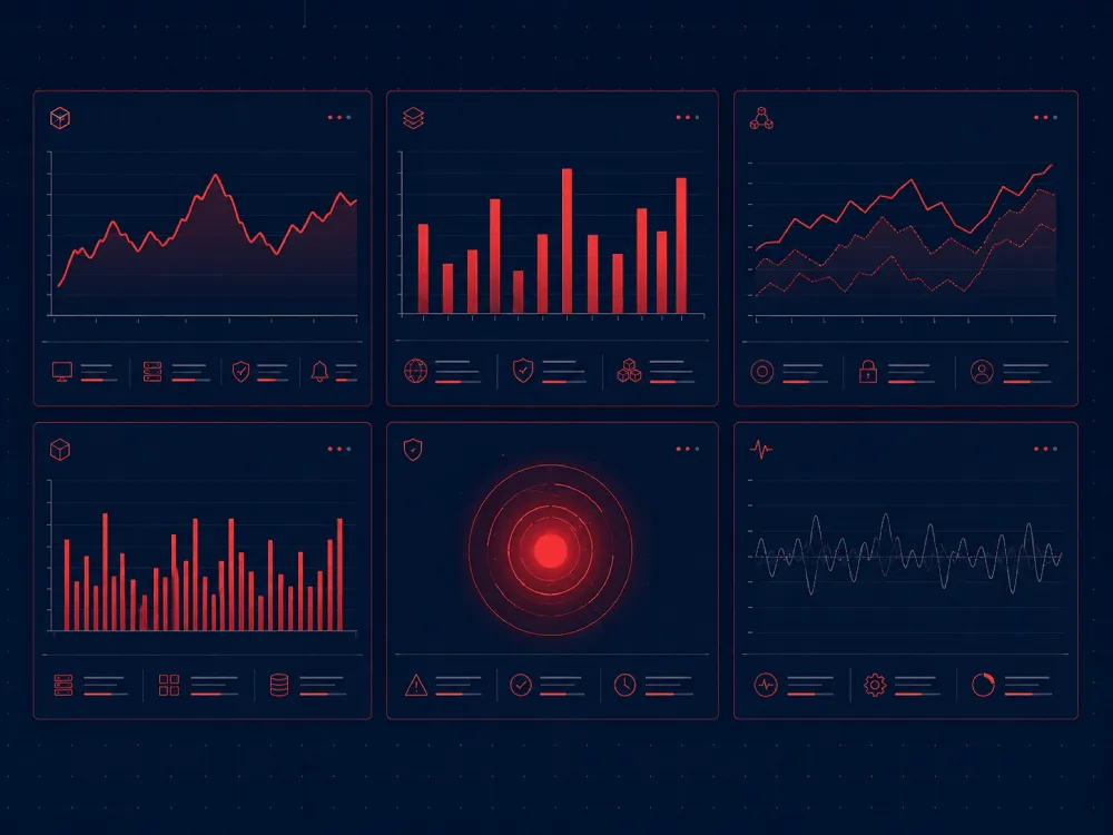 Dashboard de observabilidad: paneles de monitoreo con gráficas de métricas, series de tiempo y alertas activas para infraestructura crítica